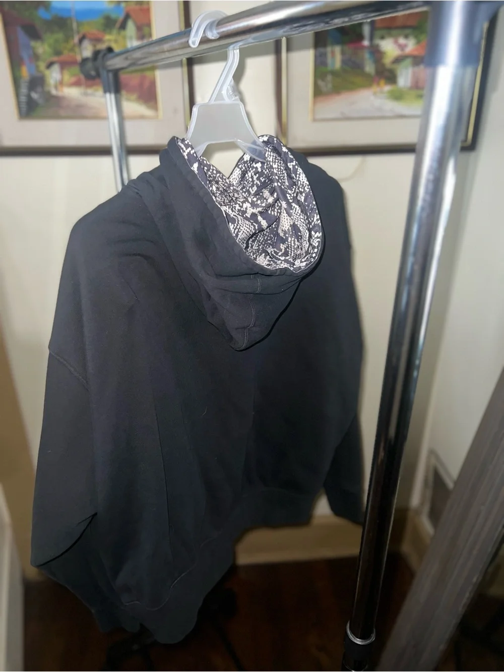 adidas Black Hoodie with Patterned Trefoil and Lined Hood